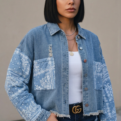 Veste en Denim Mixte pour Femme Aria | Manches Matelassées Paisley, Ourlet Brut