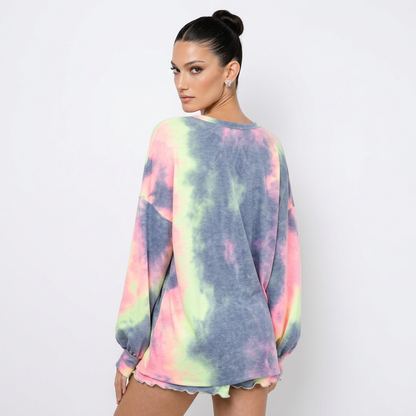 Conjunto de Lounge para Mujer Bliss | French Terry Tie-Dye, Shorts con Dobladillo de Lechuga