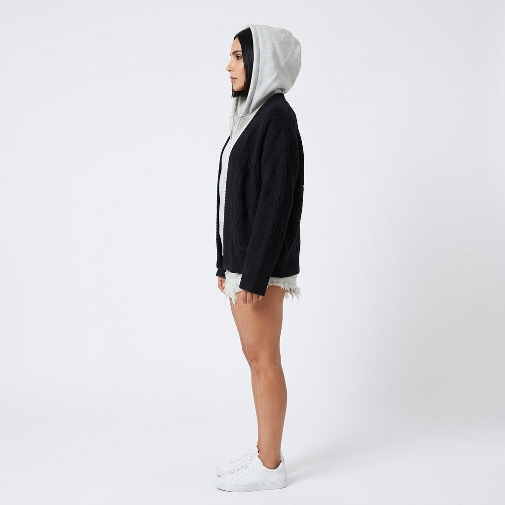 Cardigan à Capuche Tricoté Femme Brynn | Tricot Texturé en Diamant, Doublure de Capuche Contrastée