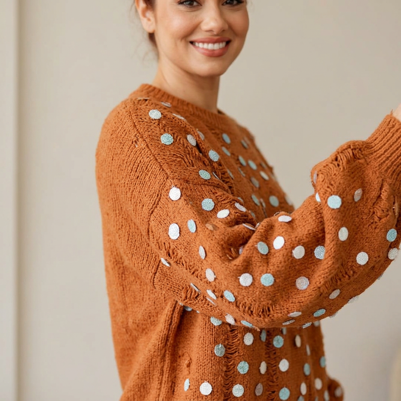 Elora Women's Spangled Sweater | Bishop Sleeves, Distressed Edge