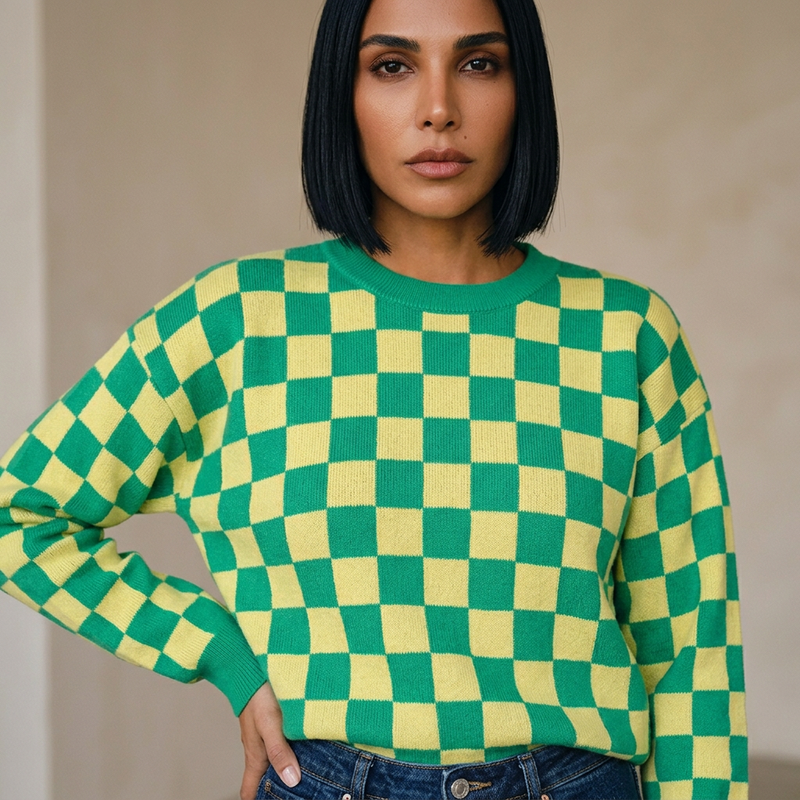 Pull femme Lyra | Damier audacieux, tricot doux