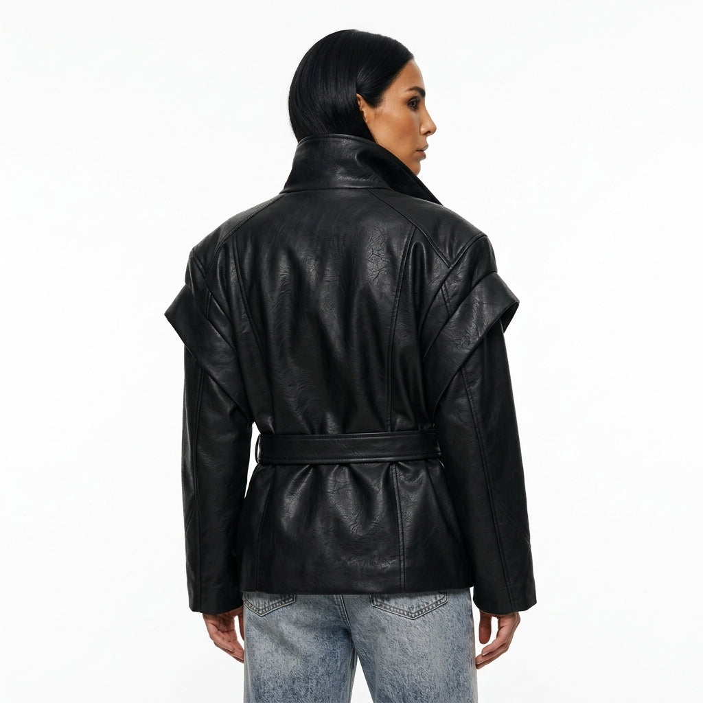Nadia Women’s Vegan Leather Jacket | Double-Breasted, Waist Tie Belt