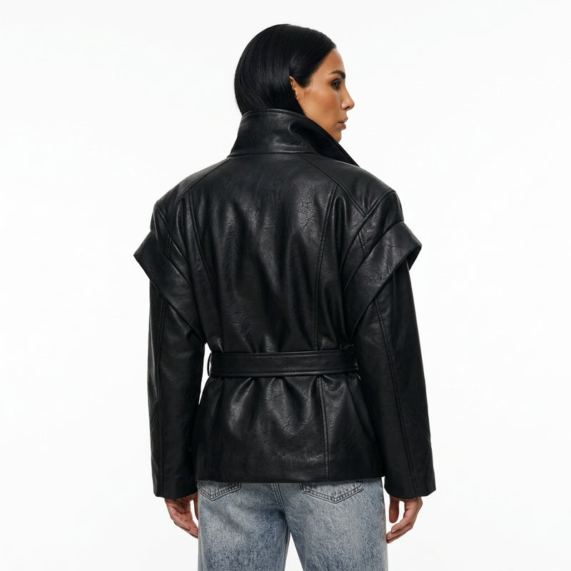 Nadia Women’s Vegan Leather Jacket | Double-Breasted, Waist Tie Belt