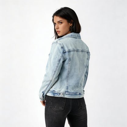 Rebel Women's Denim Jacket | Acid Wash Finish, Silver Button Front