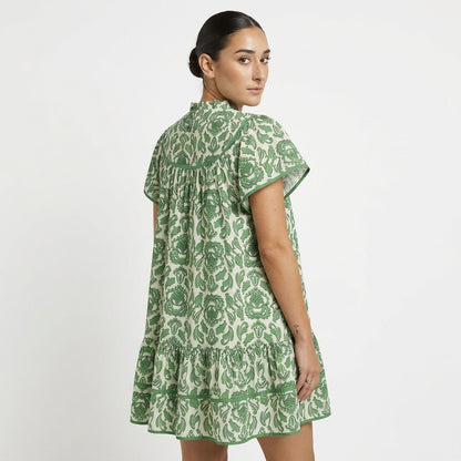 Uliana Women's Babydoll Mini Dress | Green Damask Print, Tiered Ruffle Hem