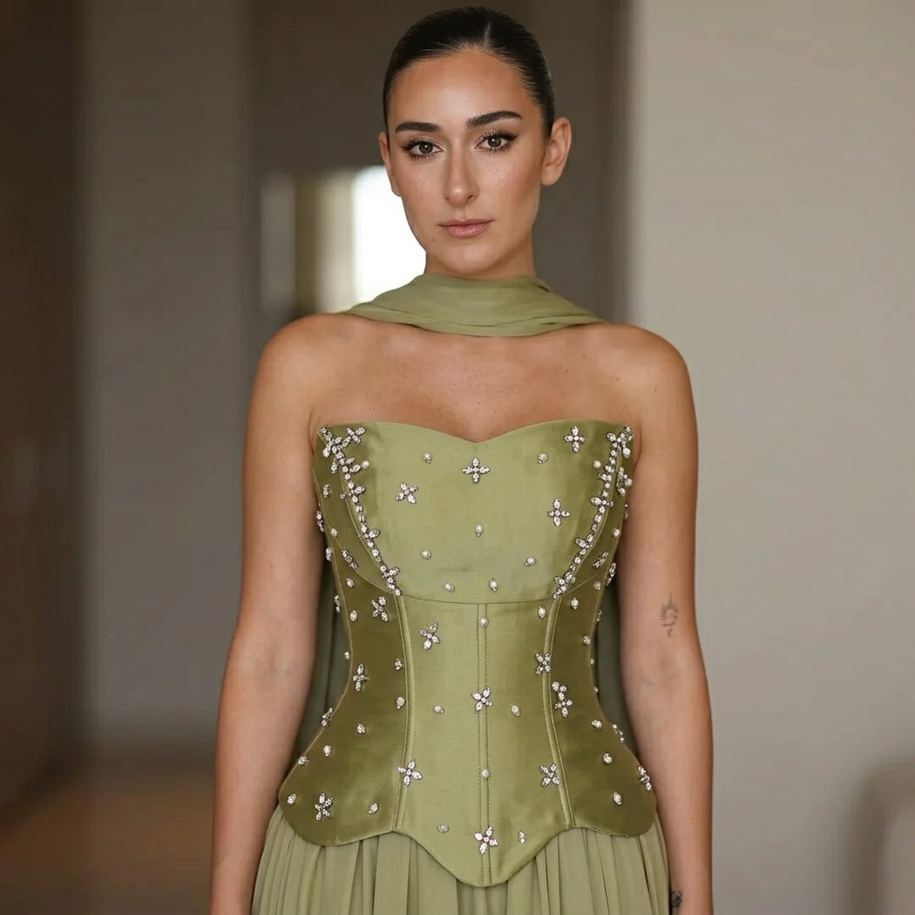 Celeste Women's Evening Gown | Crystal Embellished Corset, Flowing Cape Skirt