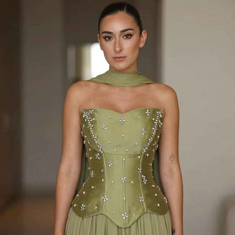 Celeste Women's Evening Gown | Crystal Embellished Corset, Flowing Cape Skirt