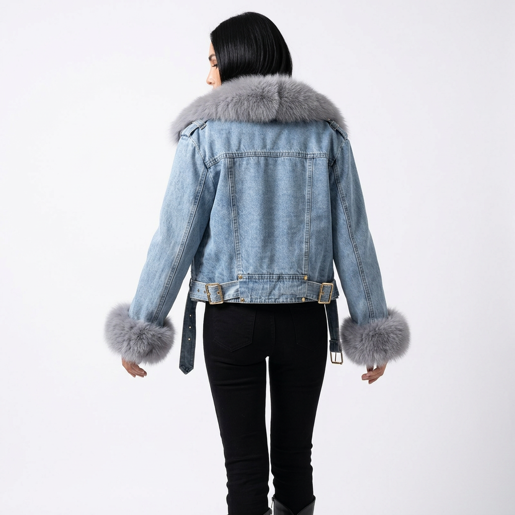 Nina Women's Denim Jacket | Faux Fur Collar, Warm Parka