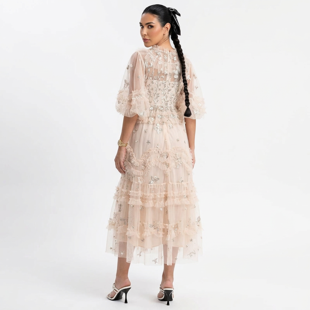 Linden Rina Women's Midi Dress | Embroidered Floral Ruffles, Elegant Summer Cocktail
