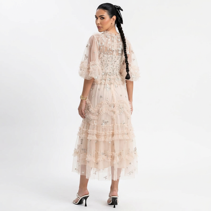 Linden Rina Women's Midi Dress | Embroidered Floral Ruffles, Elegant Summer Cocktail
