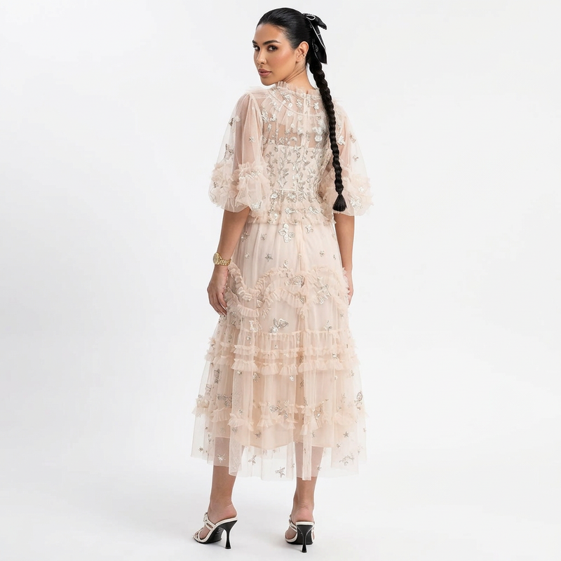 Linden Rina Women's Midi Dress | Embroidered Floral Ruffles, Elegant Summer Cocktail
