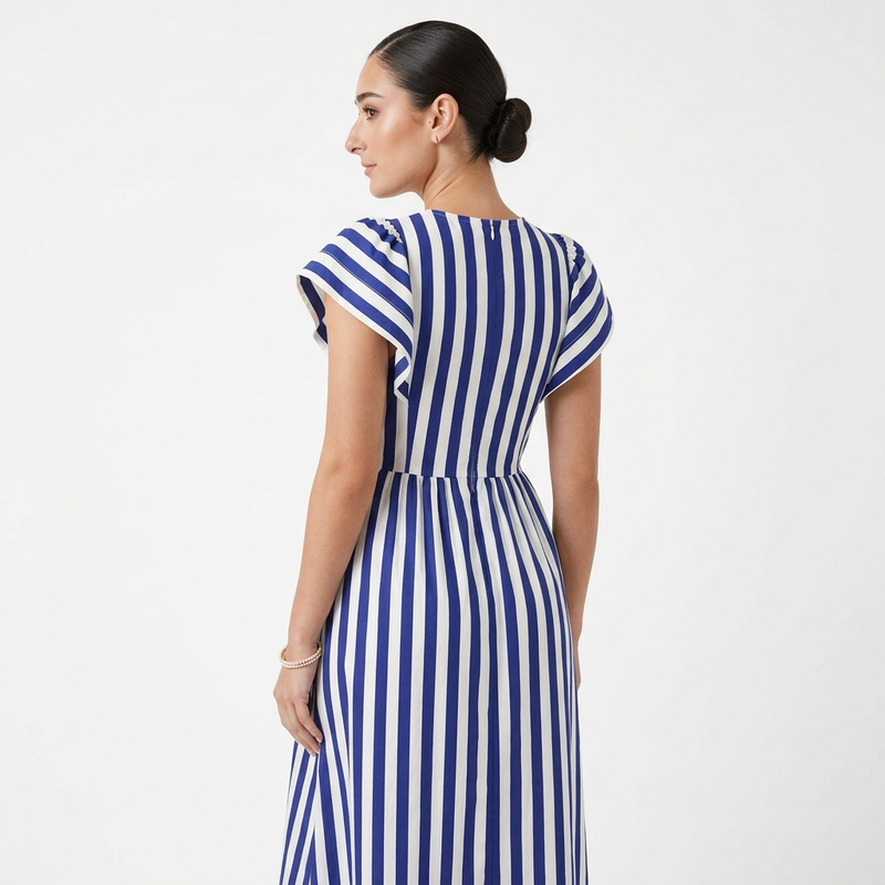 Ursa Women's Midi Dress | Striped Button-Front, Ruffled Detail