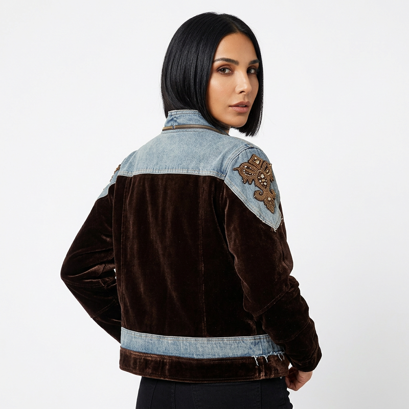 Bomber pour femme Delara | Patchwork velours et denim, épaules brodées de perles