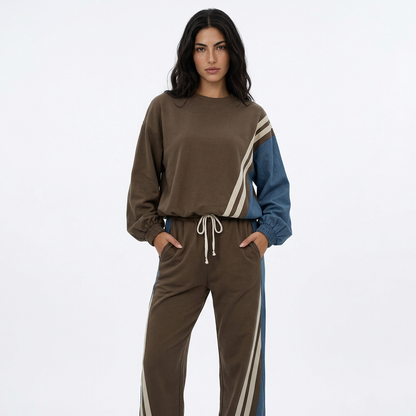 Gemma Women's Two-Piece Sweat Set | Diagonal Stripe Detail, Wide-Leg Drawstring Pants