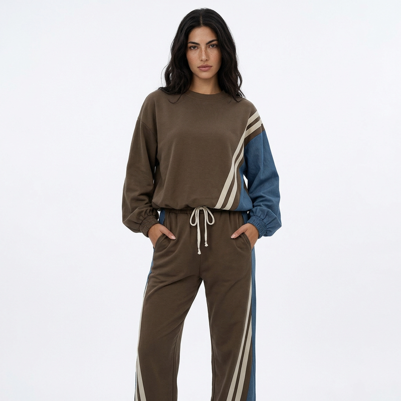 Gemma Women's Two-Piece Sweat Set | Diagonal Stripe Detail, Wide-Leg Drawstring Pants