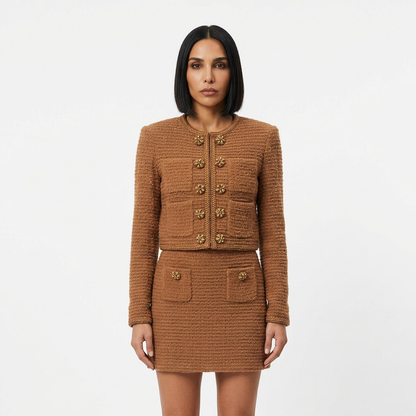 Lena Women's Two-Piece Set | Textured Tweed Fabric, Jewel Embellished Buttons