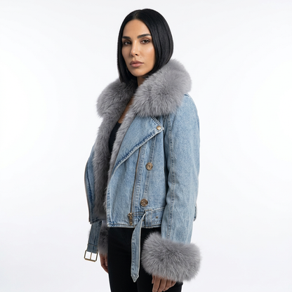 Nina Women's Denim Jacket | Faux Fur Collar, Warm Parka