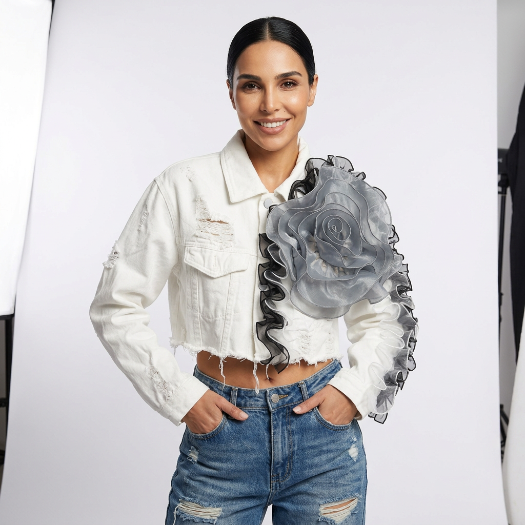 Dalia Women's Cropped Denim Jacket | 3D Organza Rose Appliqué, Distressed Raw Hem