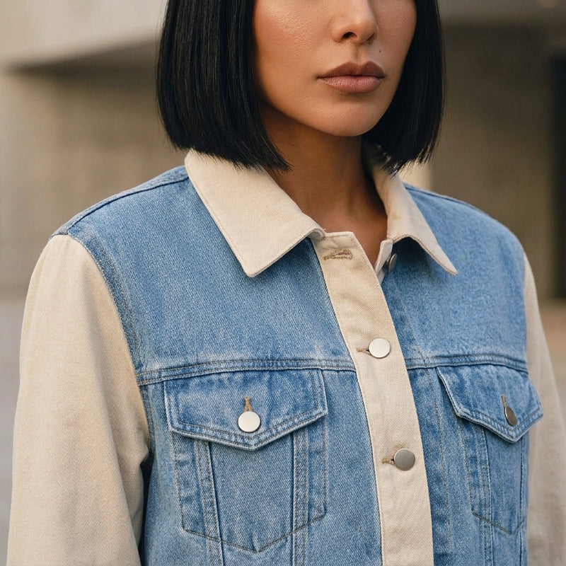 Ainsley Women's Mixed Media Denim Jacket | Double Placket, Contrast Sleeves