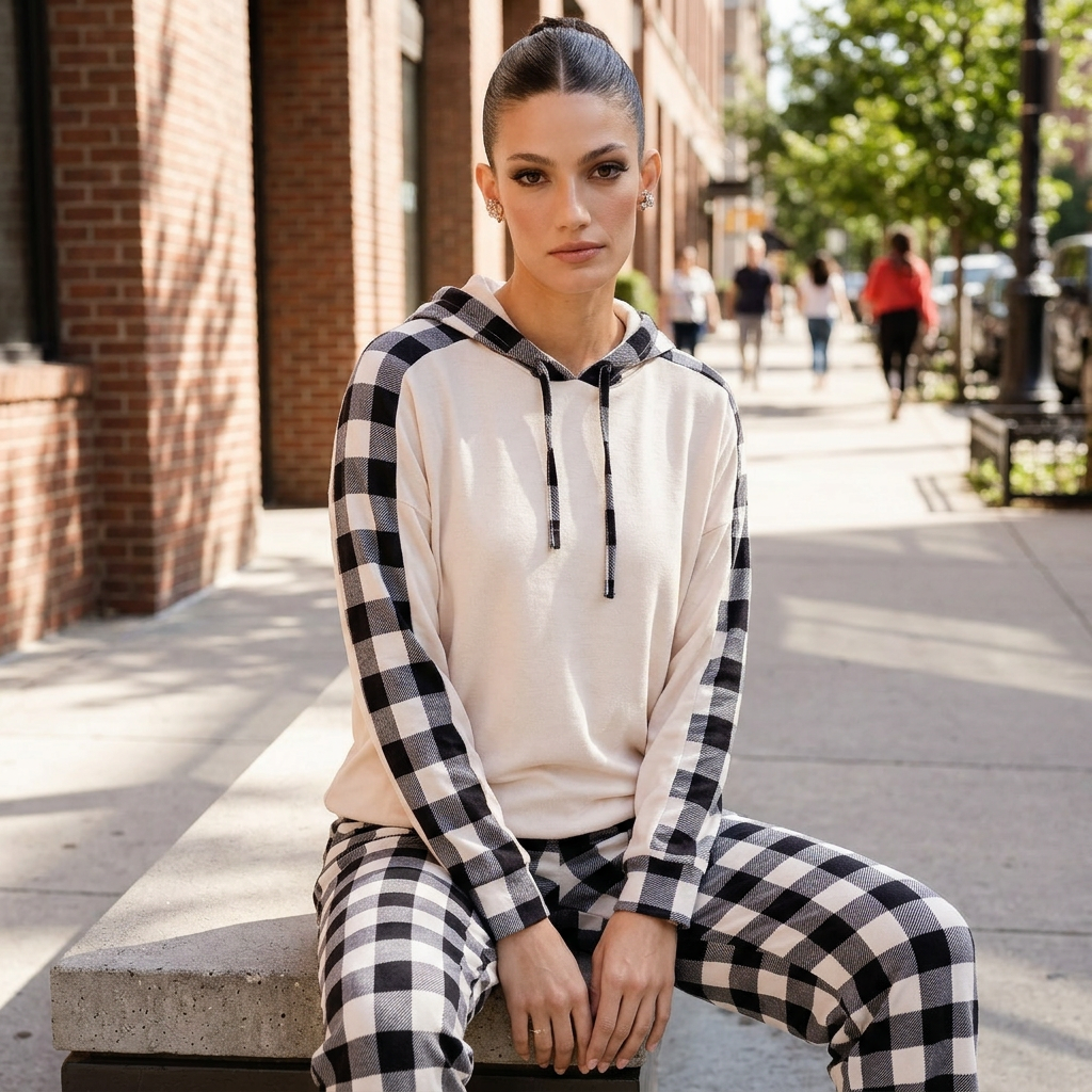 Amara Women's Lounge Set | Drawstring Hooded Top, Plaid Pants