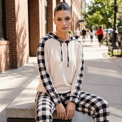 Amara Women's Lounge Set | Drawstring Hooded Top, Plaid Pants