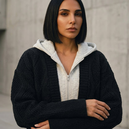 Cardigan à Capuche Tricoté Femme Brynn | Tricot Texturé en Diamant, Doublure de Capuche Contrastée