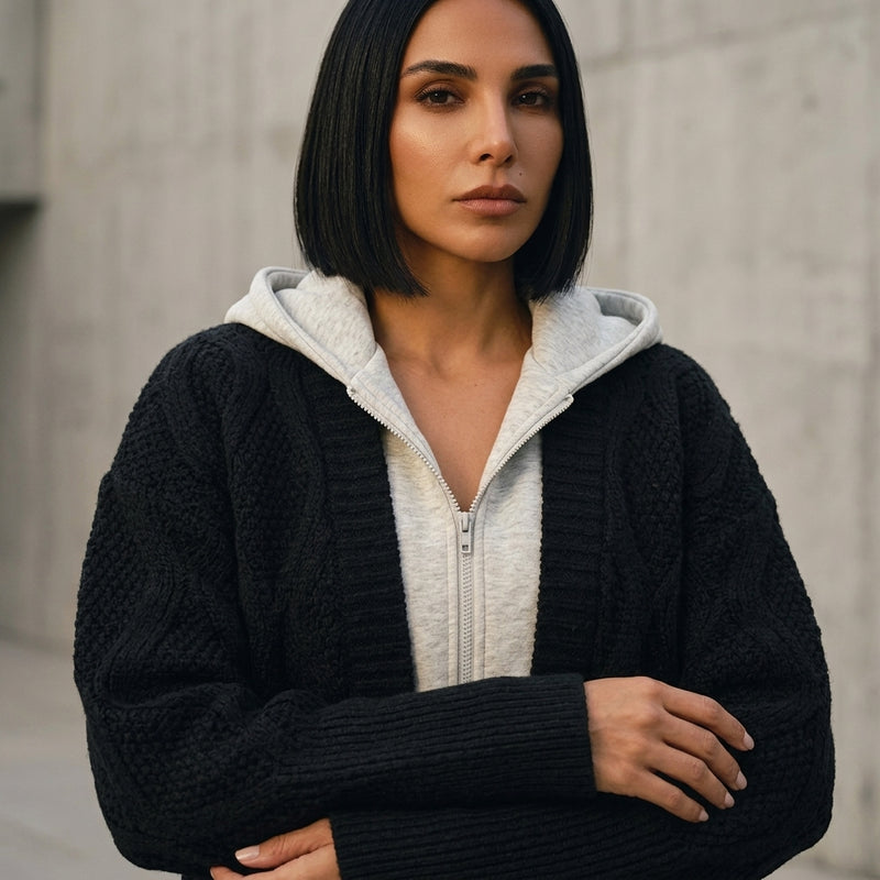 Cardigan à Capuche Tricoté Femme Brynn | Tricot Texturé en Diamant, Doublure de Capuche Contrastée