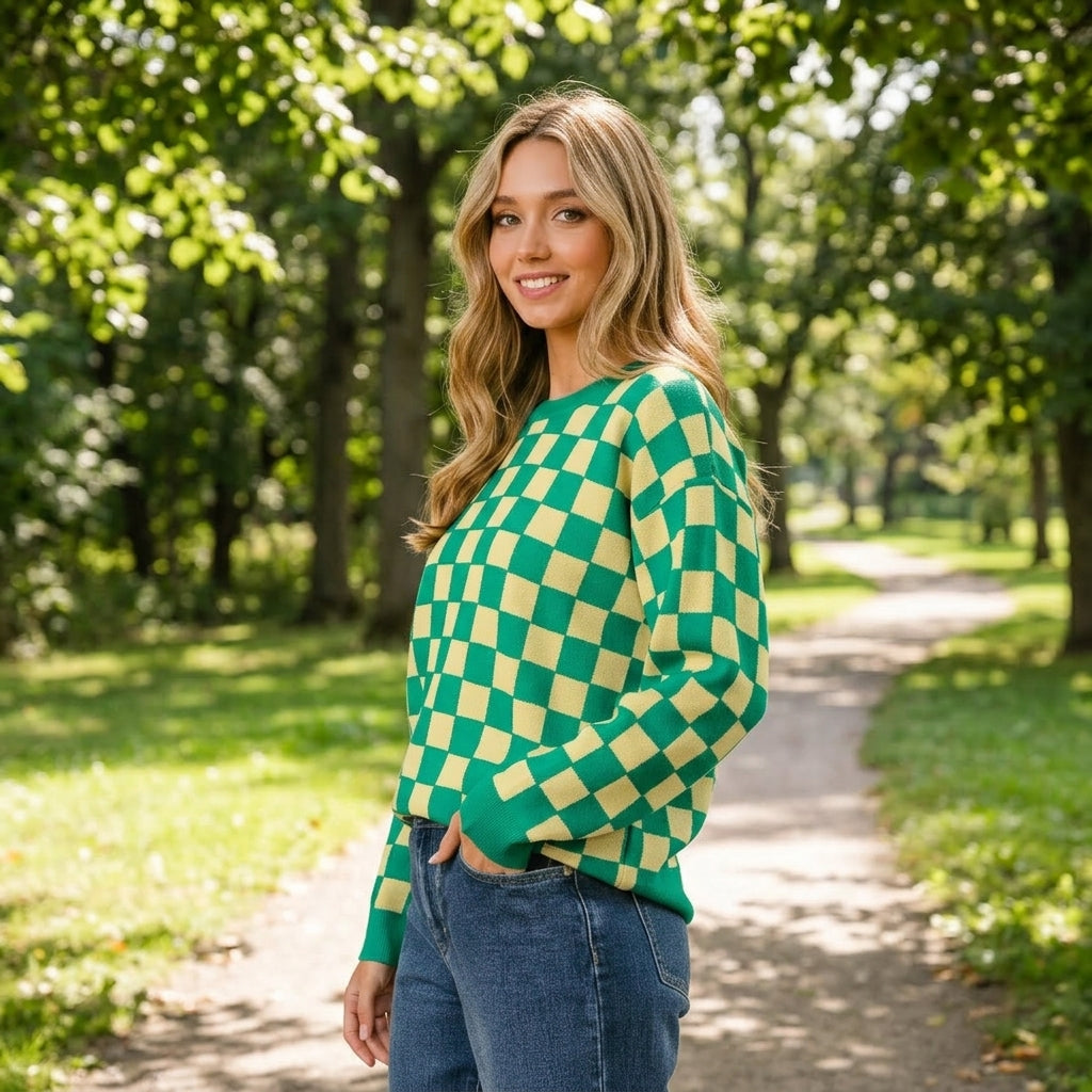 Pull femme Lyra | Damier audacieux, tricot doux