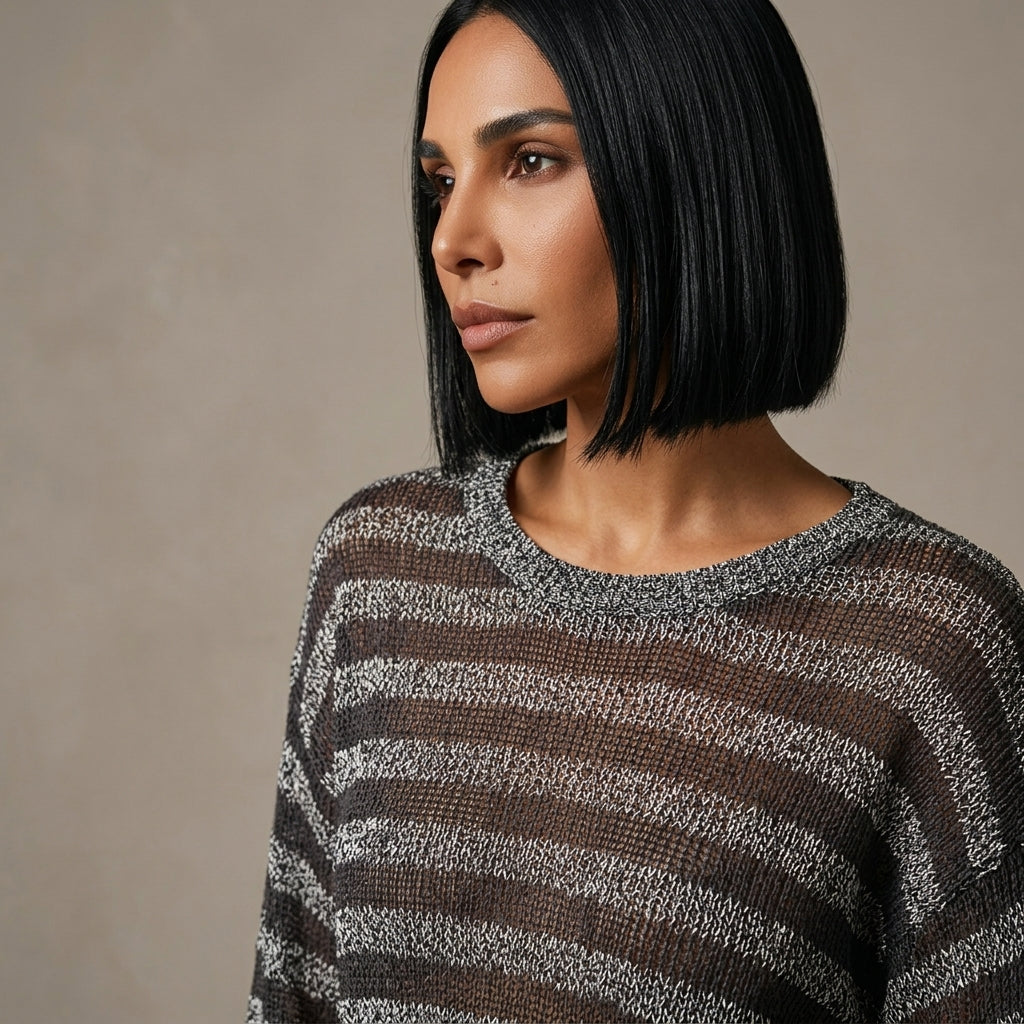 Top de suéter de punto para mujer Stevie | Patrón de rayas transparentes, escote en V