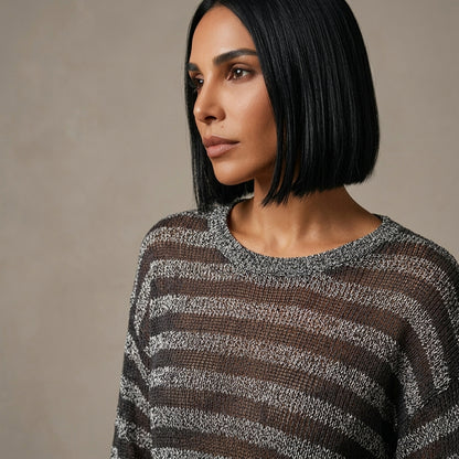 Top de suéter de punto para mujer Stevie | Patrón de rayas transparentes, escote en V