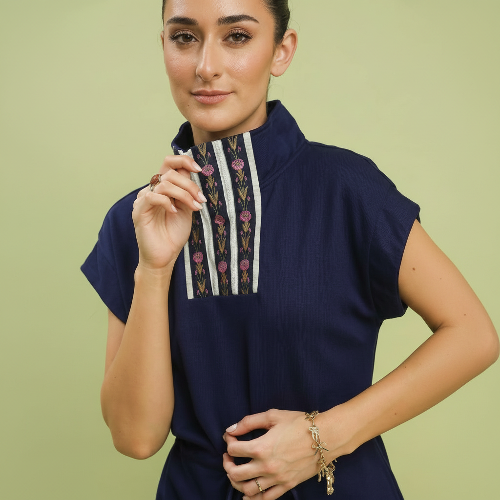 Udele Women's Dolman Sleeve Dress | Embroidered Zip Detail, Adjustable Waist