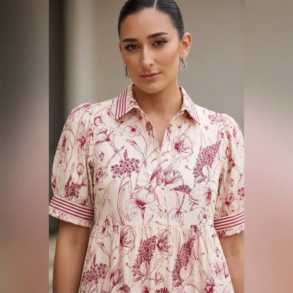 Ulani Women's Midi Dress | Botanical Floral Print, Striped Cuff Detail