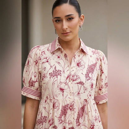 Ulani Women's Midi Dress | Botanical Floral Print, Striped Cuff Detail