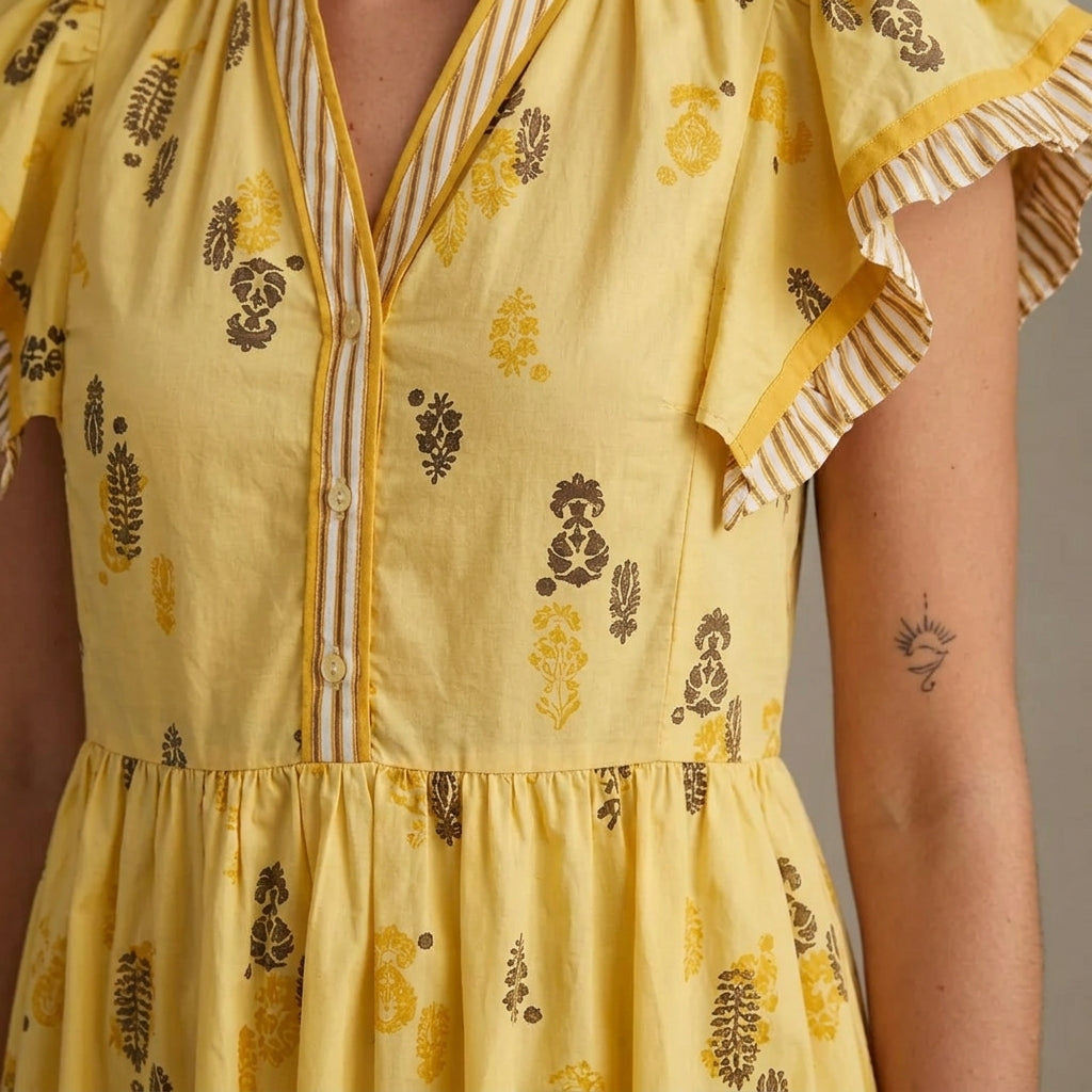 Uma Women's Midi Dress | Botanical Block Print, Striped Ruffle Sleeves