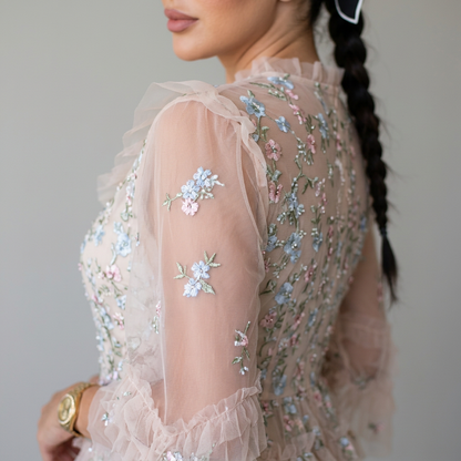 Linden Rina Women's Midi Dress | Embroidered Floral Ruffles, Elegant Summer Cocktail