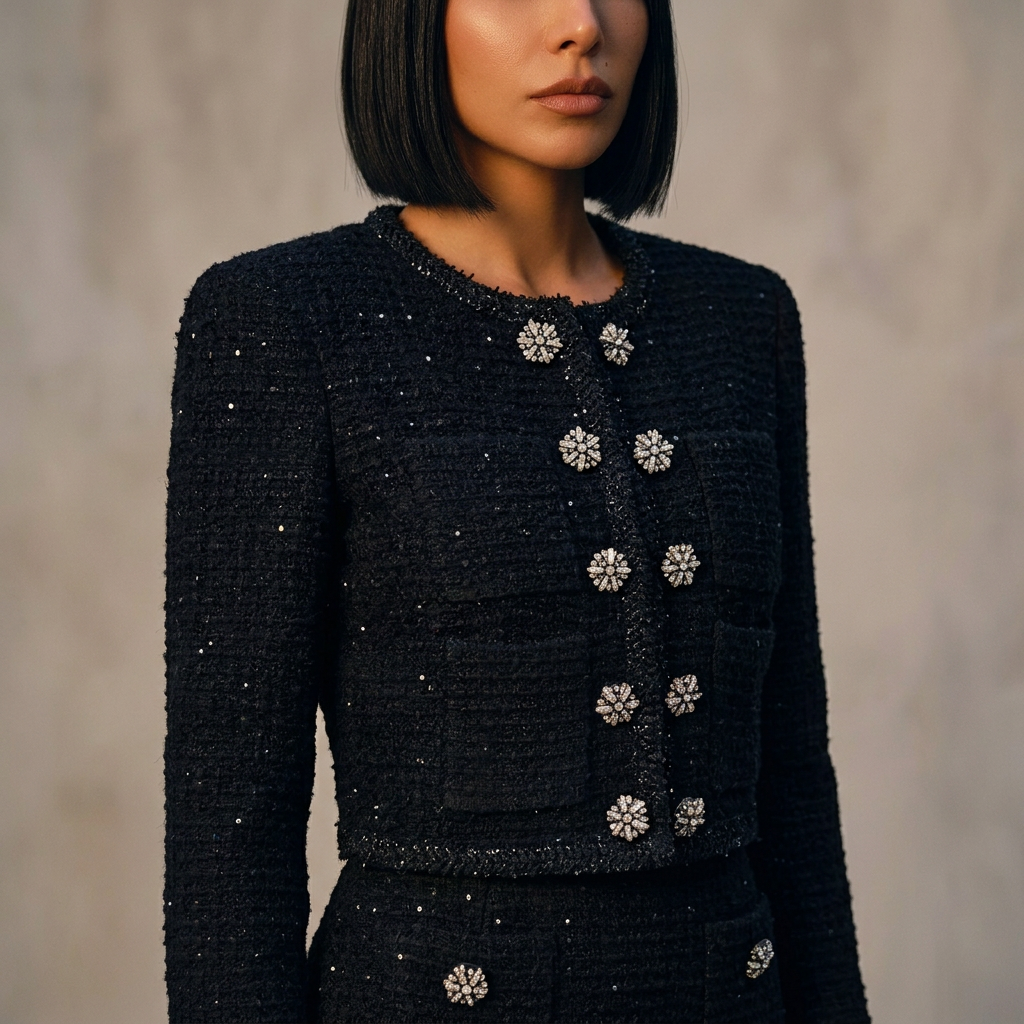 Lena Women's Two-Piece Set | Textured Tweed Fabric, Jewel Embellished Buttons