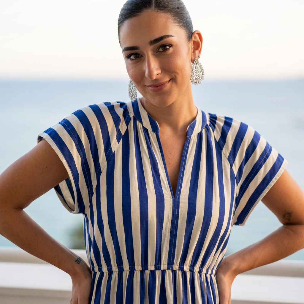 Ursa Women's Midi Dress | Striped Button-Front, Ruffled Detail