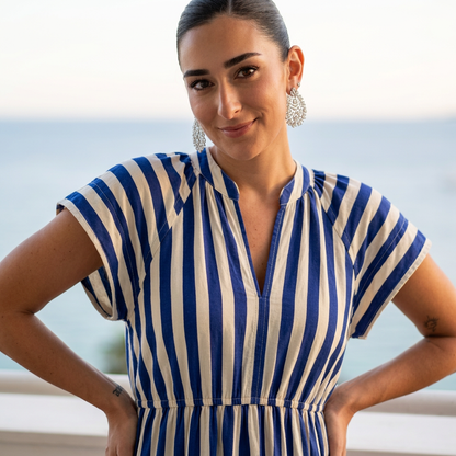 Ursa Women's Midi Dress | Striped Button-Front, Ruffled Detail