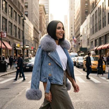 Nina Women's Denim Jacket | Faux Fur Collar, Warm Parka