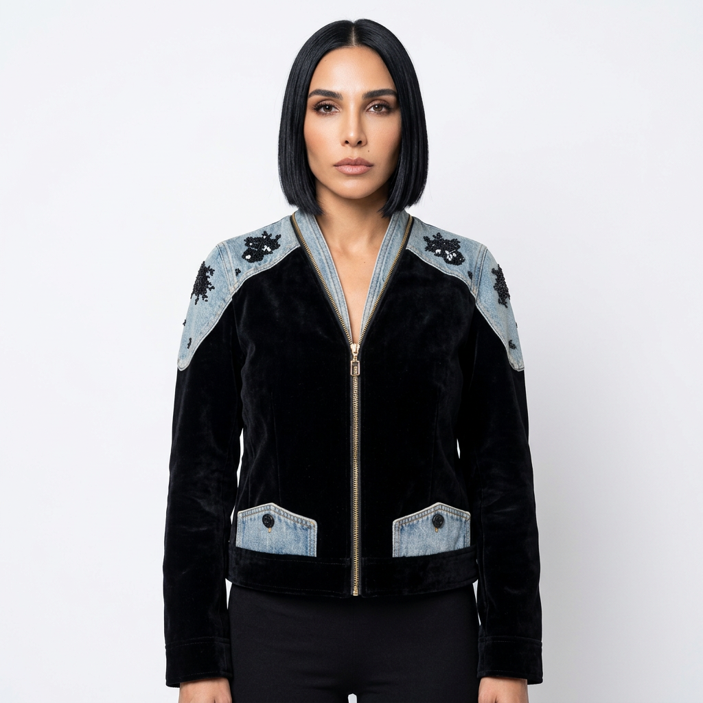 Bomber pour femme Delara | Patchwork velours et denim, épaules brodées de perles