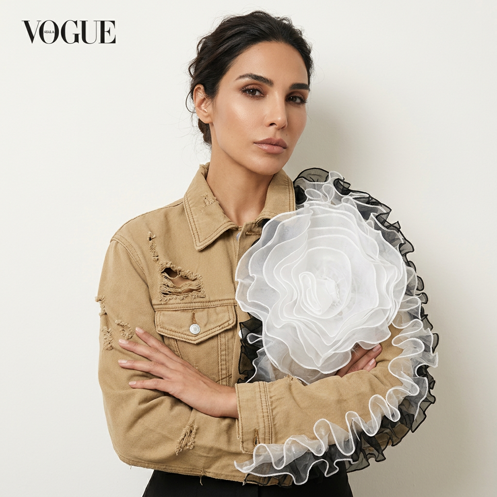 Dalia Women's Cropped Denim Jacket | 3D Organza Rose Appliqué, Distressed Raw Hem