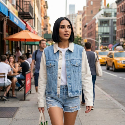 Ainsley Women's Mixed Media Denim Jacket | Double Placket, Contrast Sleeves