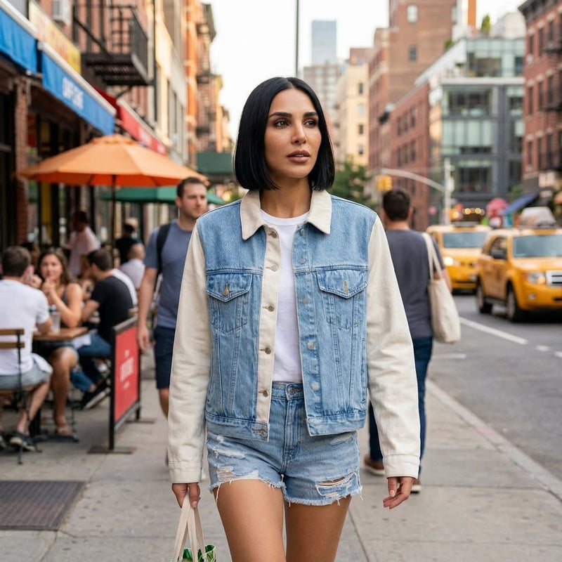 Ainsley Women's Mixed Media Denim Jacket | Double Placket, Contrast Sleeves