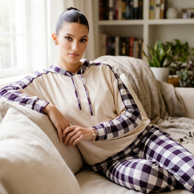 Amara Women's Lounge Set | Drawstring Hooded Top, Plaid Pants