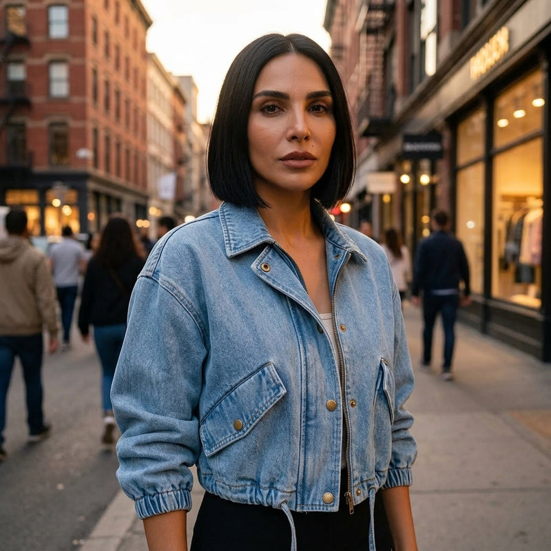 Ava Women's Crop Denim Jacket | Drawstring Waist, Zipper Front