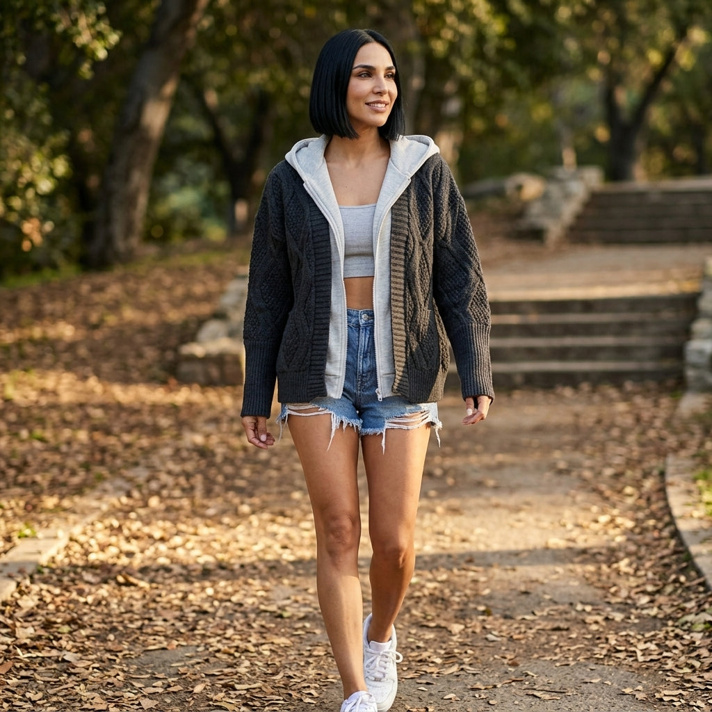 Cardigan à Capuche Tricoté Femme Brynn | Tricot Texturé en Diamant, Doublure de Capuche Contrastée