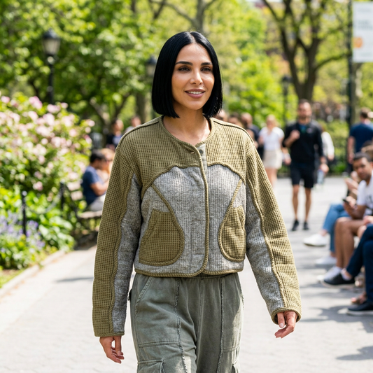 Petra Women's Patchwork Jacket | Quilted Knit, V-Neck Zip