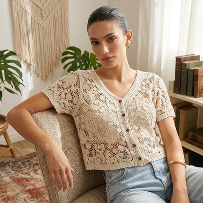 Cárdigan para mujer Serafina | Encaje de crochet floral, mezcla de algodón