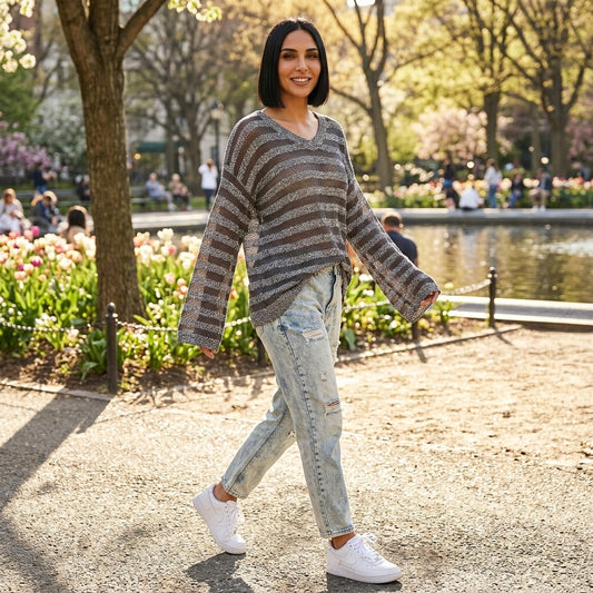 Stevie Women's Knit Sweater Top | Sheer Stripe Pattern, V-Neckline