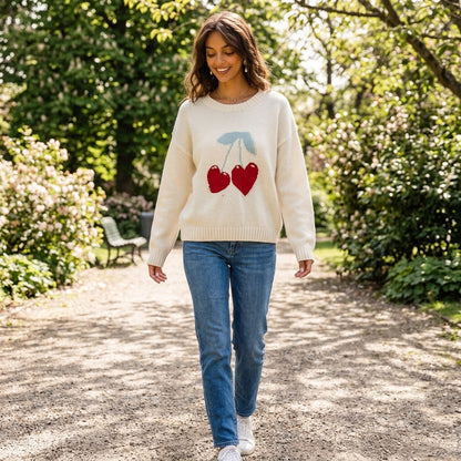 Suéter de punto para mujer Sweetheart | Motivo de intarsia de corazón de cereza, puños acanalados